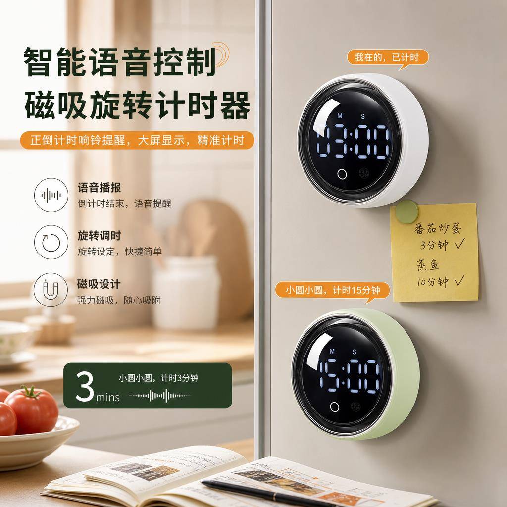 旋转智能语音磁吸计时器学生学习自律闹钟厨房煲汤定时桌面提醒器