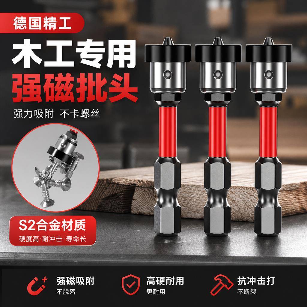 德国木工专用强磁定位批头工业级防滑抗冲击石膏板上螺丝十字批头