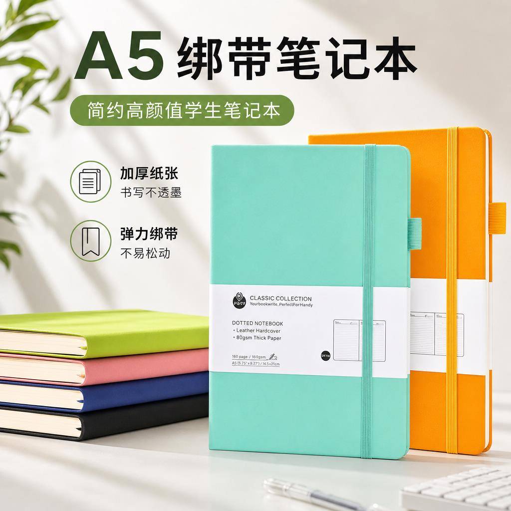 高颜值 A5 绑带记事本天气横线内页学生课堂记录便携随身手写笔记本手账本