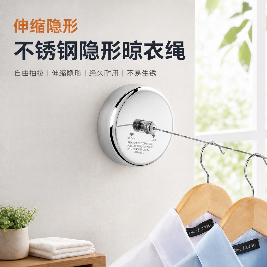 一键收缩隐形晾衣绳免打孔加粗钢丝绳阳台浴室室内多功能晾晒神器
