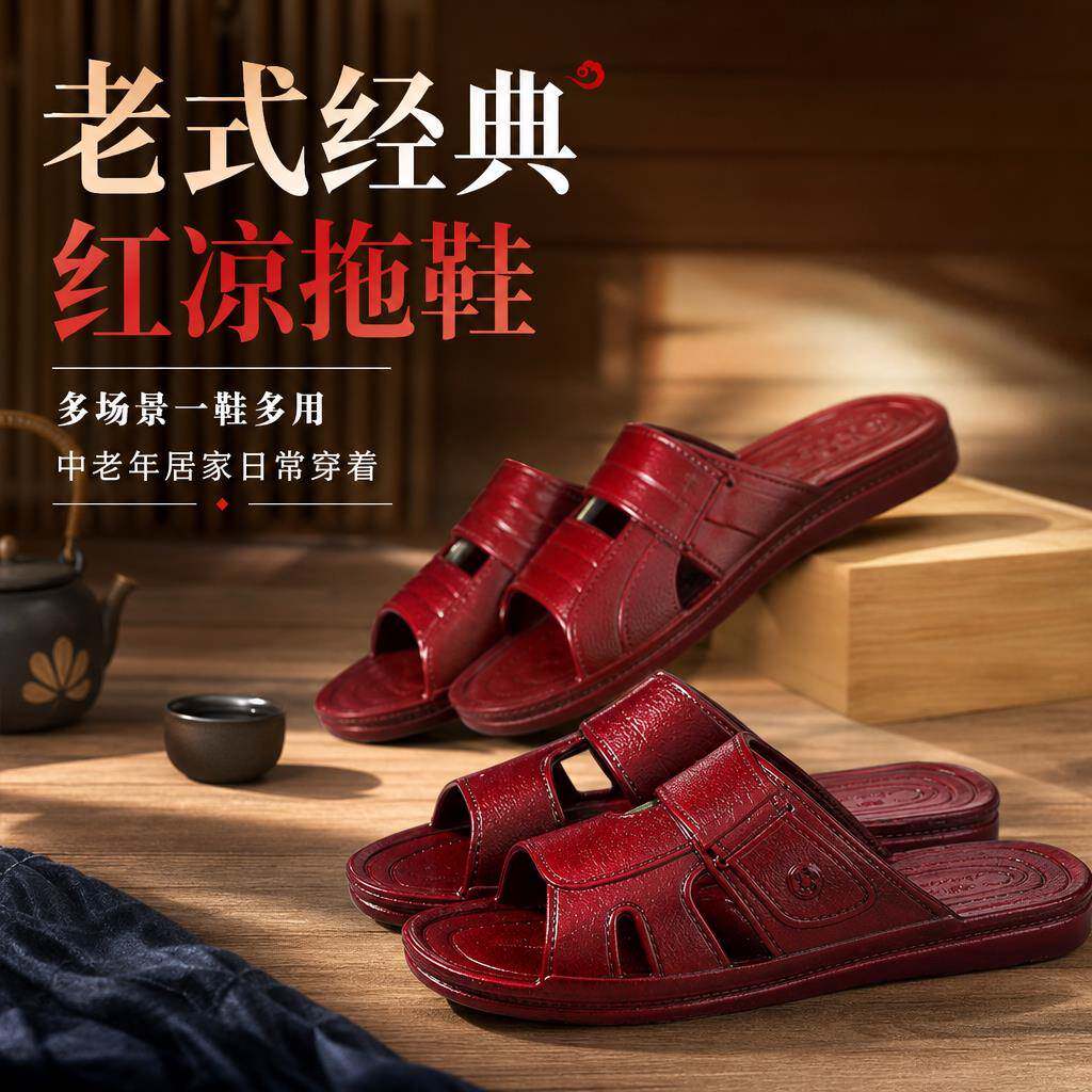 老年男士休闲凉拖鞋夏季平跟PVC一字拖爸爸家居户外沙滩防滑拖鞋