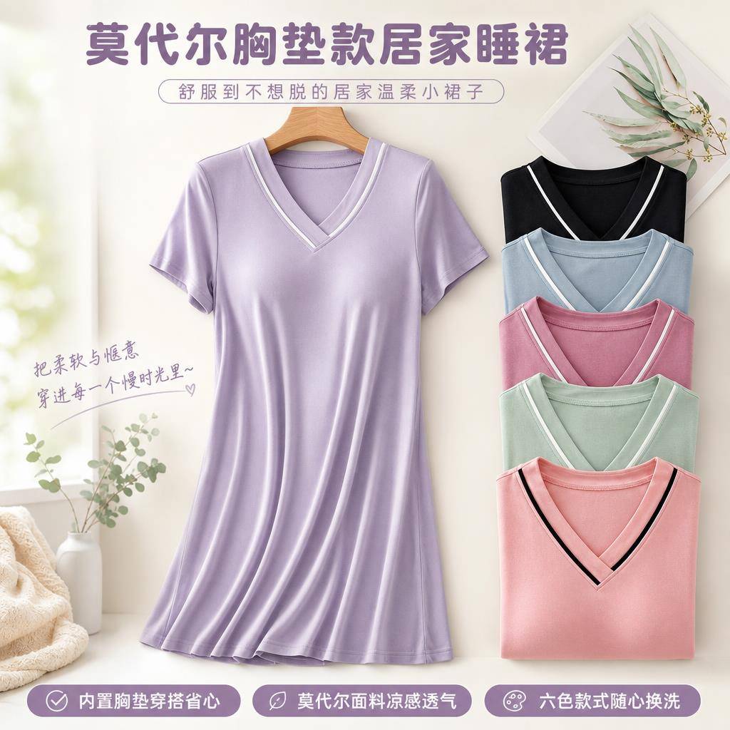 莫代尔睡裙带胸垫女夏薄款睡衣免文胸宽松大码短袖V领中长居家裙