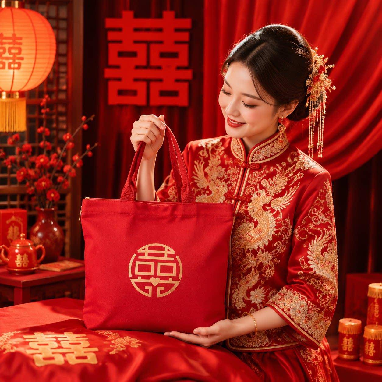 结婚手提袋礼金包彩礼袋婚礼包喜字袋红包收纳袋大容量红色帆布包