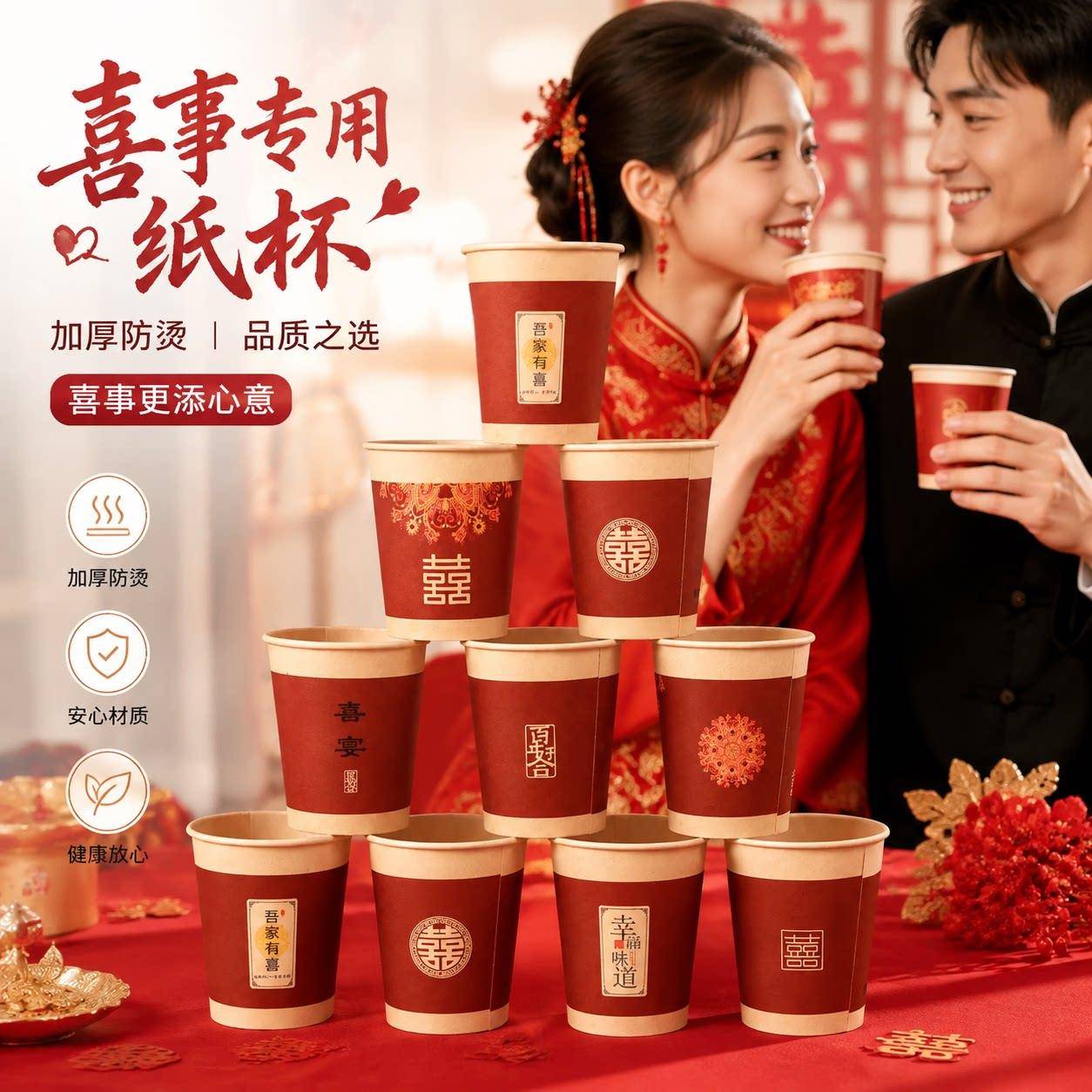 一次性杯子小号加厚防烫家用喜事结婚男女方婚庆用品婚宴喜字纸杯