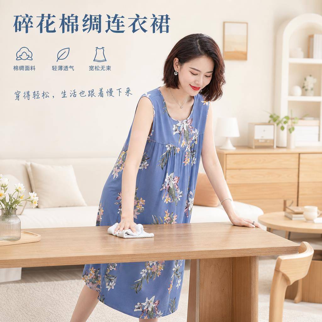睡裙女款春中老年睡裙女夏季新款加肥加大棉质绸无袖妈妈睡衣绵绸