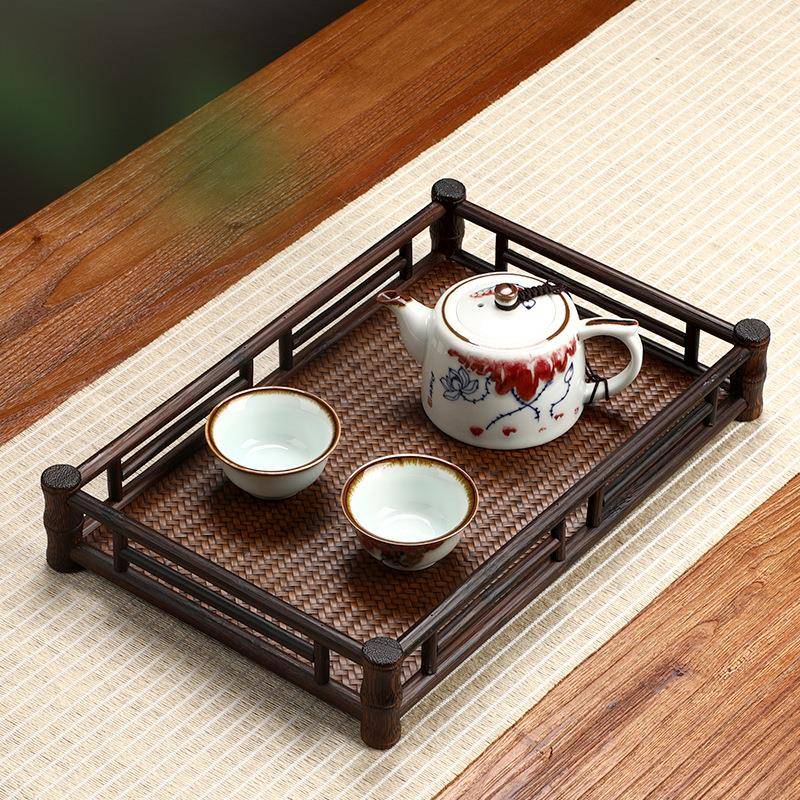 日式竹制托盘长方形茶杯架复古茶具收纳盘家用竹编席面茶盘