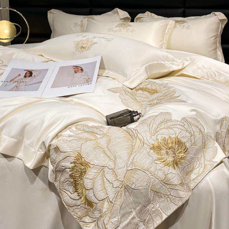 新款天丝冰丝轻奢重工刺绣被套四件套香菱繁花床单床笠款套件床品