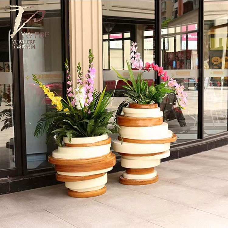北欧玻璃钢重叠组合花盆酒店仿木纹花器办公室花瓶户外花园种植箱