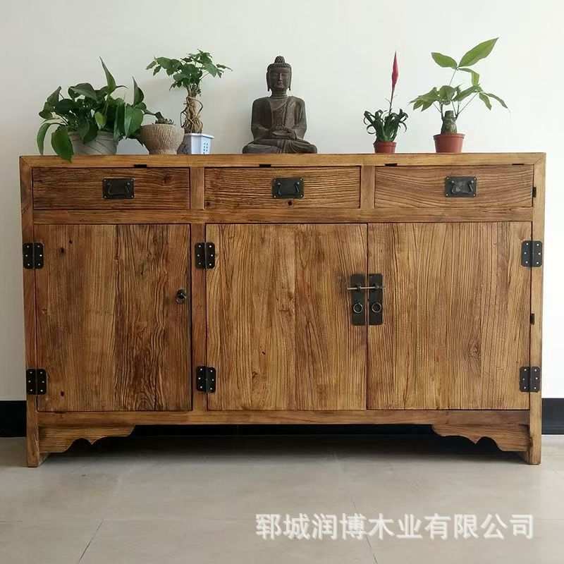 老榆木餐边柜实木储物收纳柜家用客厅柜风化老门板边柜新中式柜子