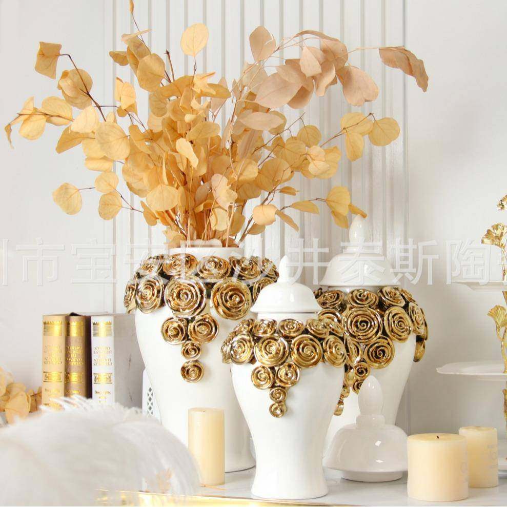 欧式陶瓷将军罐工艺品摆件玄关装饰品电视柜立体花金色电镀花瓶,农机/农具/农膜,其它农用工具,淘宝优惠券,粉丝福利购,淘宝优惠卷