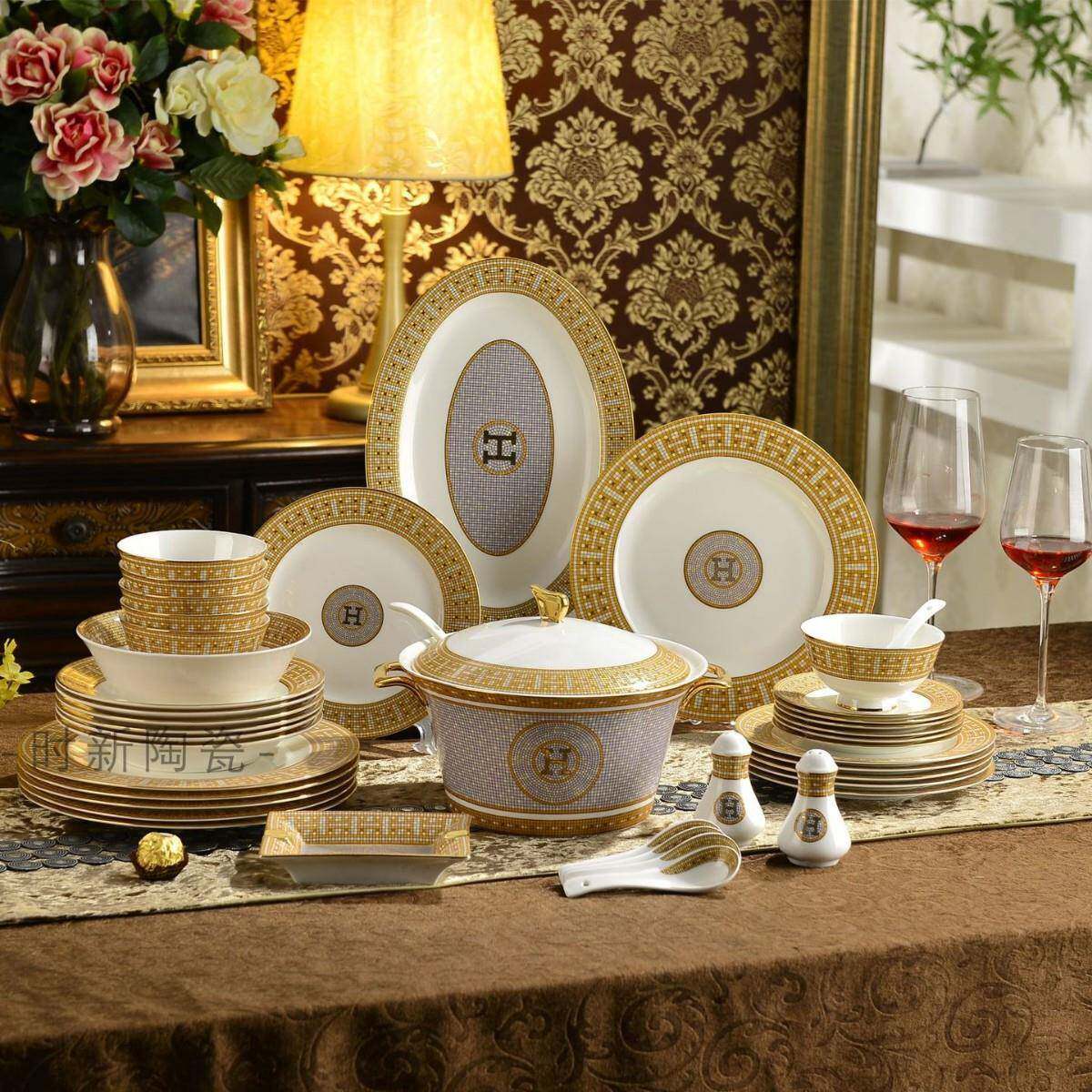 欧式碗碟套装家用58头H标金边结婚送礼瓷器碗盘套碗组合餐具