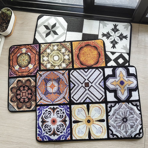 特 地中海格子地砖花纹吸水防滑地垫卧室门垫入户地毯复古花砖垫
