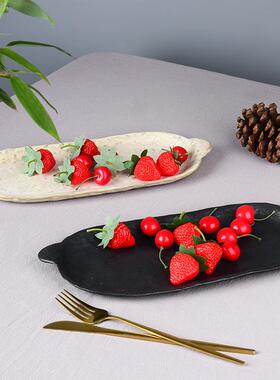 HSU日式复古锤创纹长条双耳盘司陶餐瓷具手捏粗陶餐盘意鱼盘家用