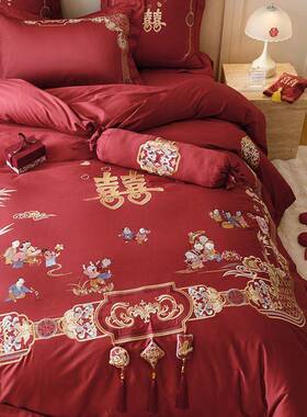 中式婚子百贺喜长庆绒色棉四件套纯棉全tb-83235棉红结婚床单