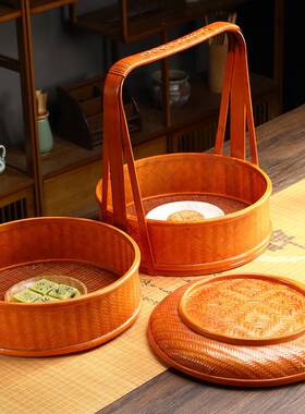 竹编提篮手工复古食盒多层送餐篮果篮收纳筐野餐篮红色婚庆篮道具