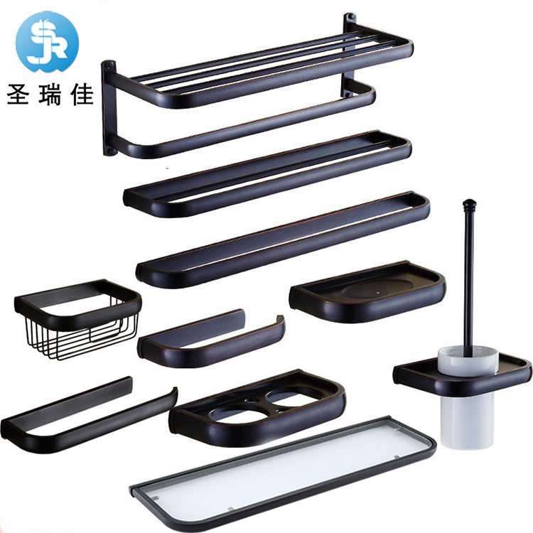 圣瑞佳欧式黑古铜浴室五金挂件黑色浴巾架置物架毛巾挂架套装