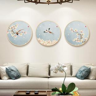 中式 饰画厅背景组合挂画画茶室玄关壁卧室床头 新圆形花鸟客OUC装