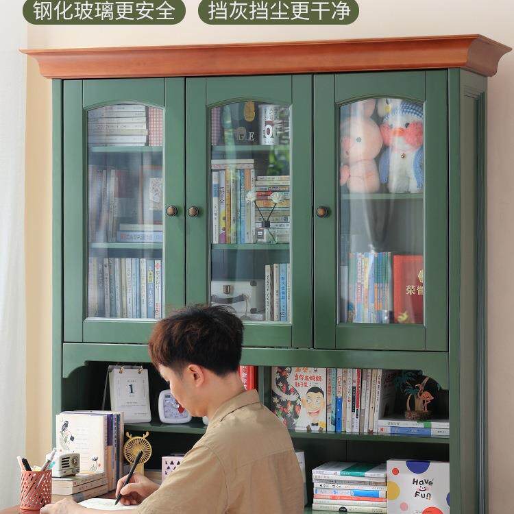 桌美式实木转角书桌书柜学拐一体卧室儿童角生电脑书架985组合