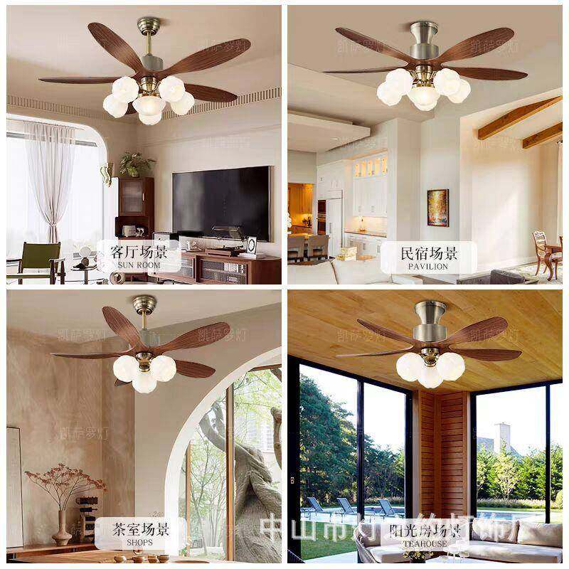 新卧款式餐厅静法吊扇灯中古风客厅美式复489古风扇灯室音一体电