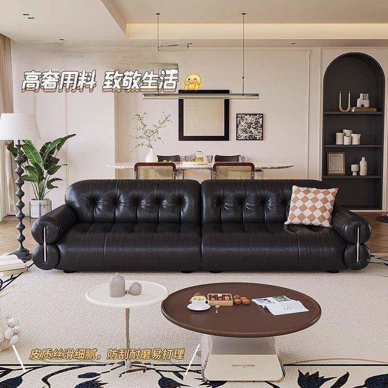 古中风黑XJY-328黑糖黑色云朵沙发态生皮客厅法式复古大牛沙发