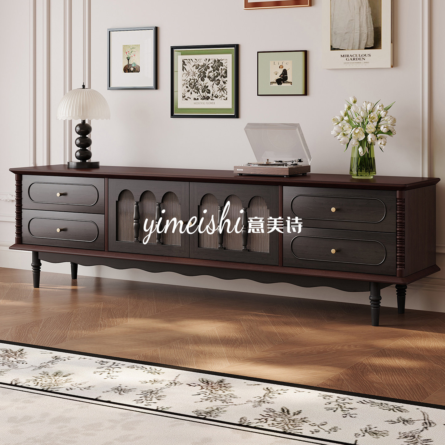 意美诗法式复古纯实木落地电视柜中古风小户型客厅茶几收纳储物柜
