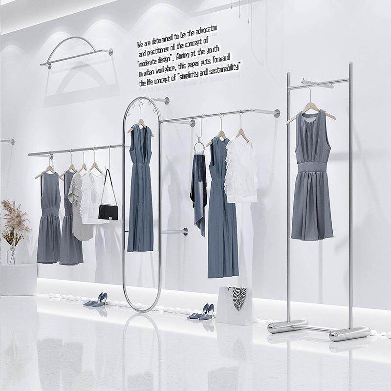 服装店展示架上墙陈列架女装店货架子侧挂落地式不锈钢挂衣杆网红