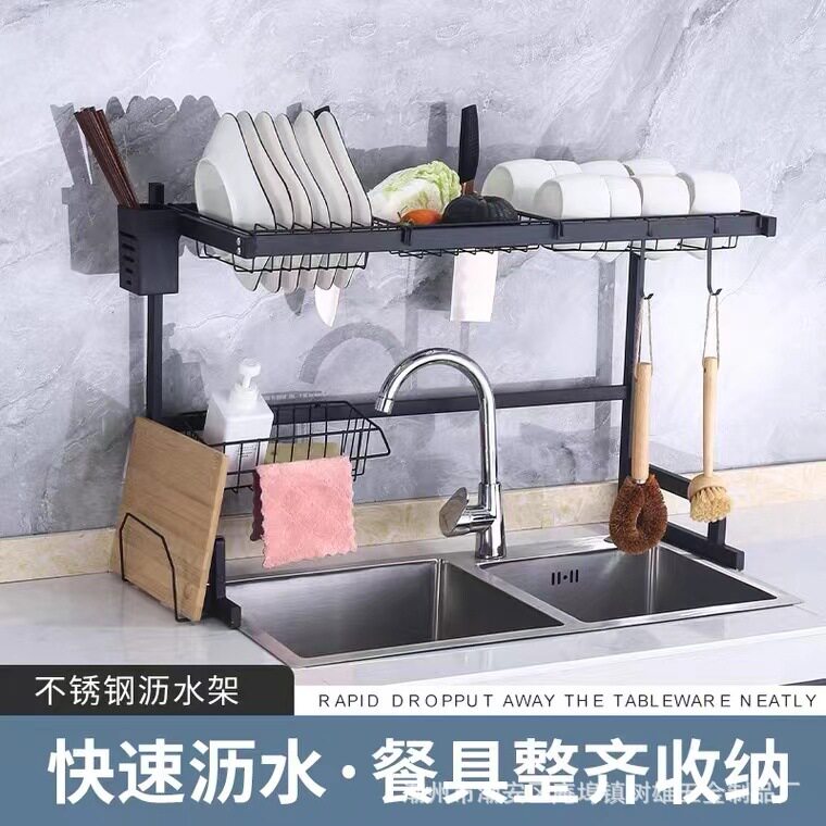 跨境厨房置物架黑色不锈钢碗碟架沥水架收纳架多功能水槽置物架
