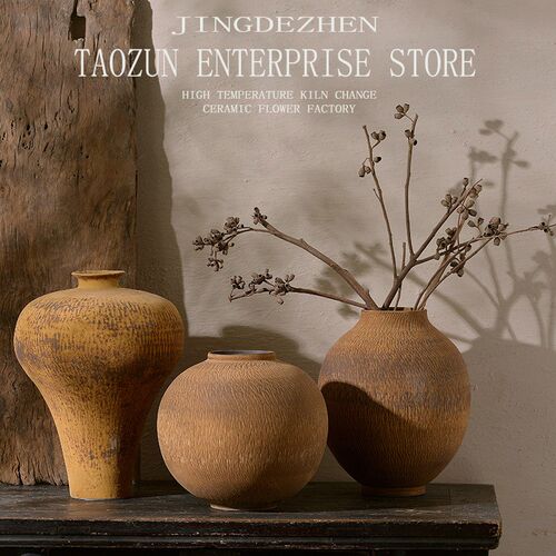 中式复古侘寂风古铜色陶瓷花瓶摆件客厅插花花器酒店样板间装饰品