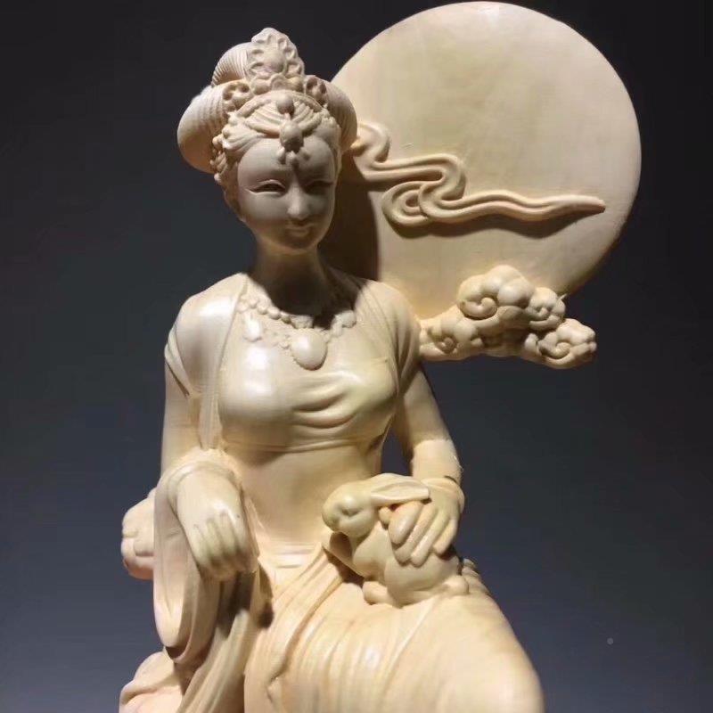 黄木雕杨嫦摆娥奔月mj-221木质摆饰件家居装品客厅酒柜手把件件可
