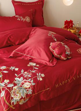 新中式轻奢刺花嫁结婚红色喜庆棉床四件套陪床上喜被套单绣hiz4rf
