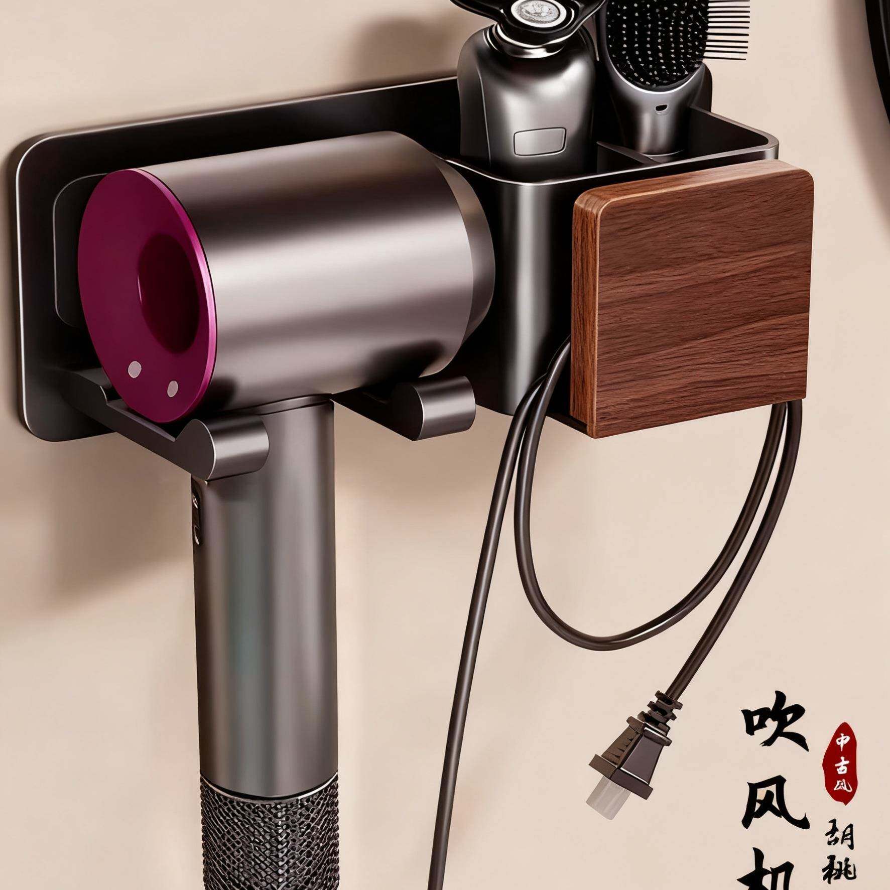 桃吹风机置物胡架免风打孔卫生间电吹木风支架壁挂式浴室筒挂985