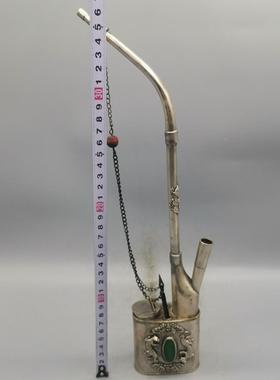 TDR玩铜器烟收古藏白铜仿古袋袋水烟镶嵌绿宝石摆件