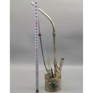 TDR玩铜器烟收古藏白铜仿古袋袋水烟镶嵌绿宝石摆件