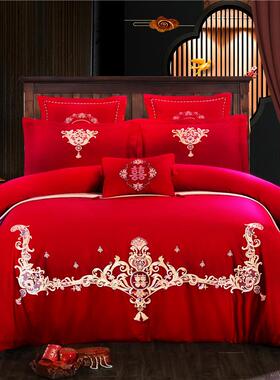 被婚MT-5u4d0庆四绣件套大红色刺纯全棉棉结婚床单套多件套六七床