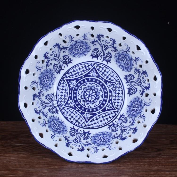 瓷水果WHY盘干果点心盆现代客欧几式厅茶高陶脚陶瓷果盘时尚青花