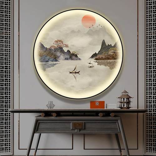 新中式圆形装饰画入户玄关画挂画正对门茶室led氛围灯画山水壁画