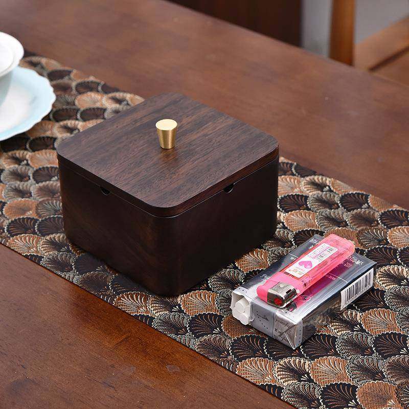 新中式办公室家用客厅创意带盖烟盅黑檀实木烟灰缸防飞灰装饰摆件