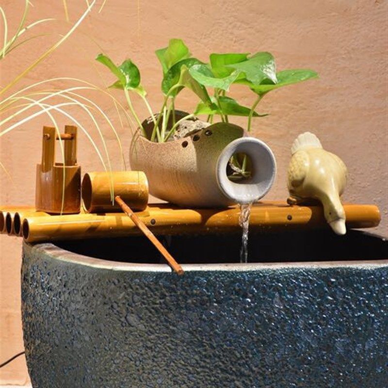 陶瓷鱼缸水循环竹子流水摆件瓷缸石槽圆形瓦缸养鱼增氧小型过滤器