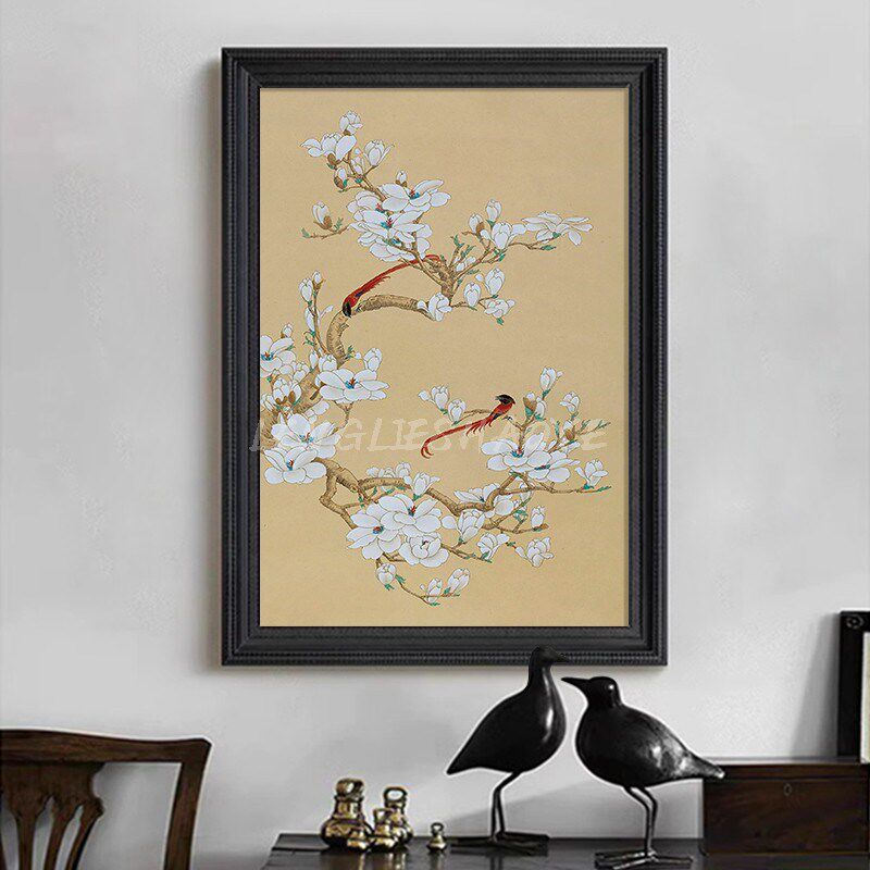 宋代美学玉兰花飞鸟寓意好客厅卧室装饰挂画中古风玄关艺术品装置