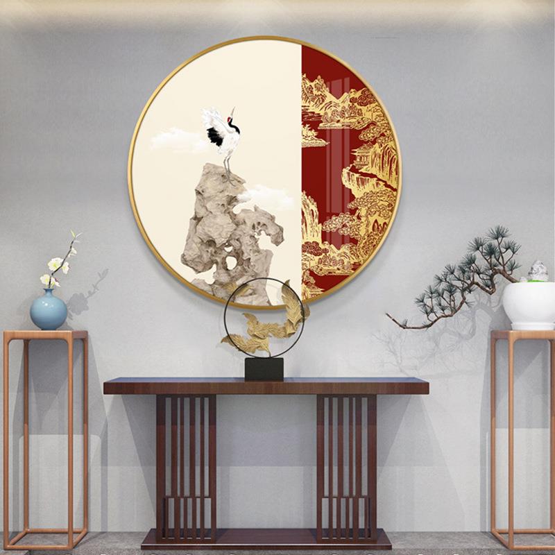 金碧山水新中式玄关装饰画走廊过道挂画客厅挂画花鸟圆形壁画