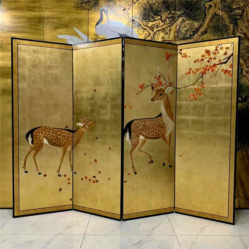 金箔屏风手绘双福鹿漆画中式待客厅办公室茶室背景隔断可移动折叠