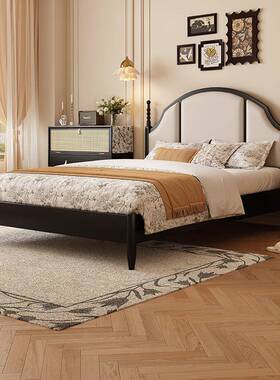 法式复古床中古黑色极简1.8米美式轻奢床实木双人床主卧床软包床