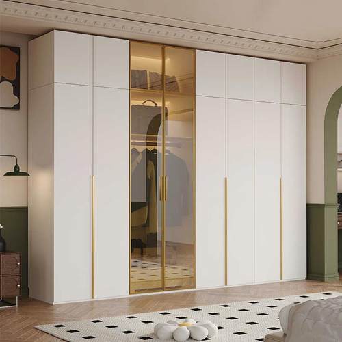 木质衣柜家用卧室多功能组合小户型白色极简带玻璃门平开门大衣橱