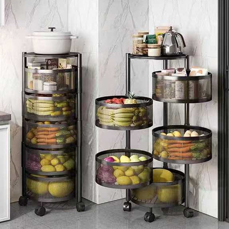 厨房置物架落地可旋转架蔬菜水果收纳架家用多层带轮子果篮置物架