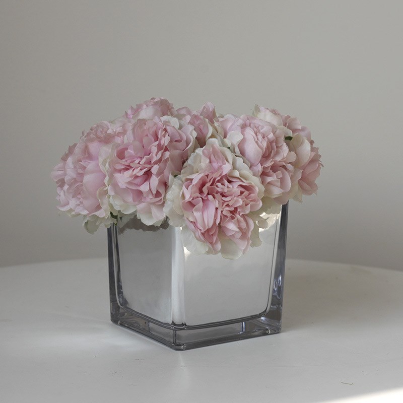 现代简约银色方形玻璃花瓶花器方缸会议桌餐桌茶几摆件花艺套装