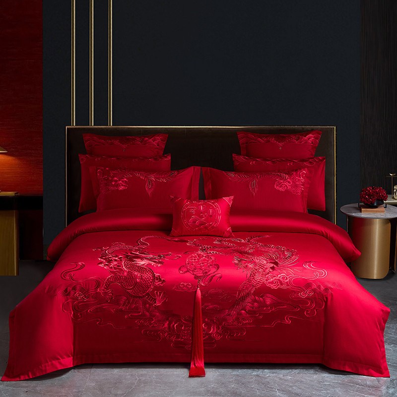 结婚四件套红色长绒棉刺绣花婚床婚礼喜被高档婚庆多件套床上用品