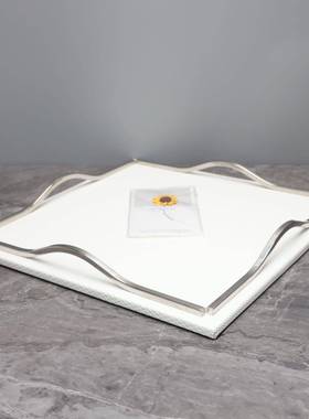 美托111式创意方形厅室白色盘果盘摆件样板房卧书房客玄关软装饰