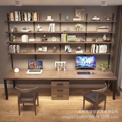免钉墙loft双实木书桌书架电一体人台式脑桌简家用书桌卧JYJJ室约
