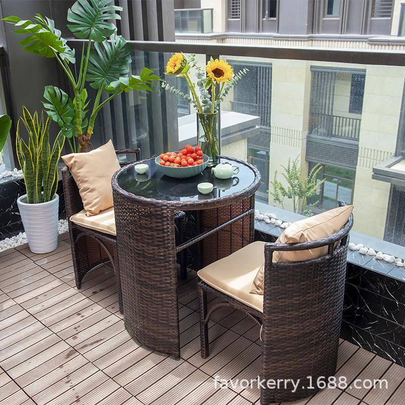 阳三台藤编收纳休桌简CYA约椅户外露台小户型茶桌椅闲藤椅子件套