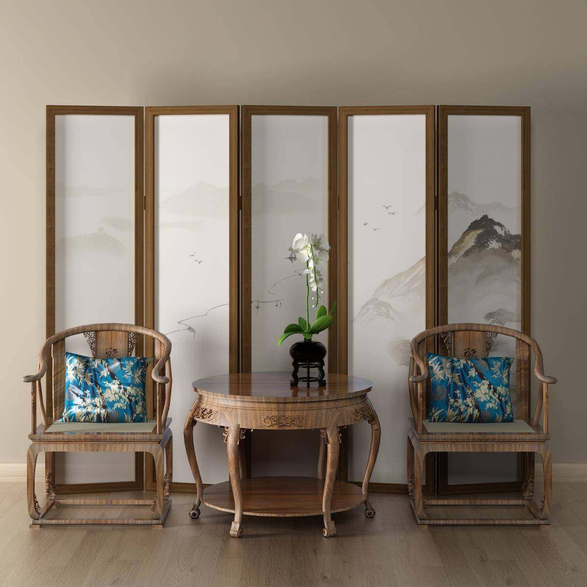 客厅风隔断入户玄关代中式简时屏尚酒店卧Z4室约实木山水折叠折现